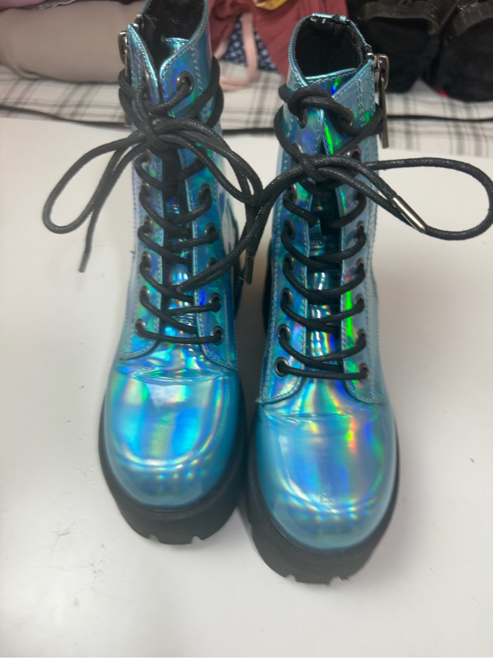 Current Mood Blue Metallic Holographic Walking On Water Platform Combat Boots 7 - Picture 8 of 16